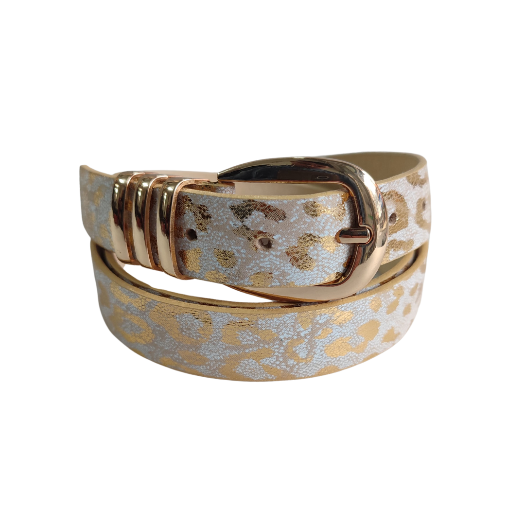 Cinturon de mujer en cuero color beige x dorado - C01