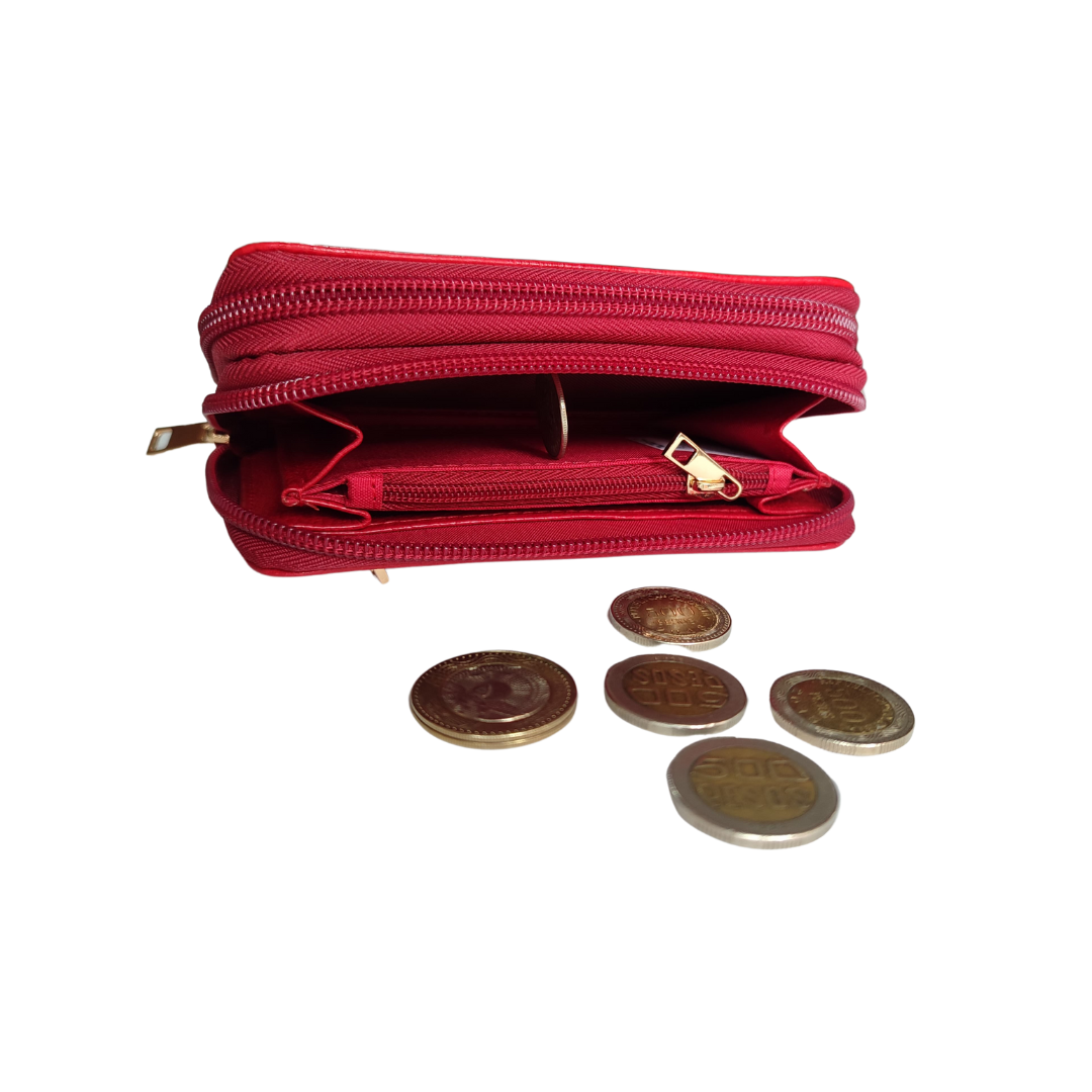 Billetera doble cierre mediana en cuero color rojo con herrajes importados y servicios para tarjetas, monedas y billetes