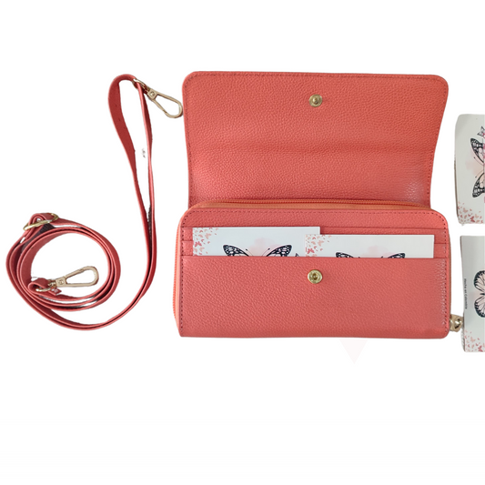 Billetera porta celular en cuero color Coral
