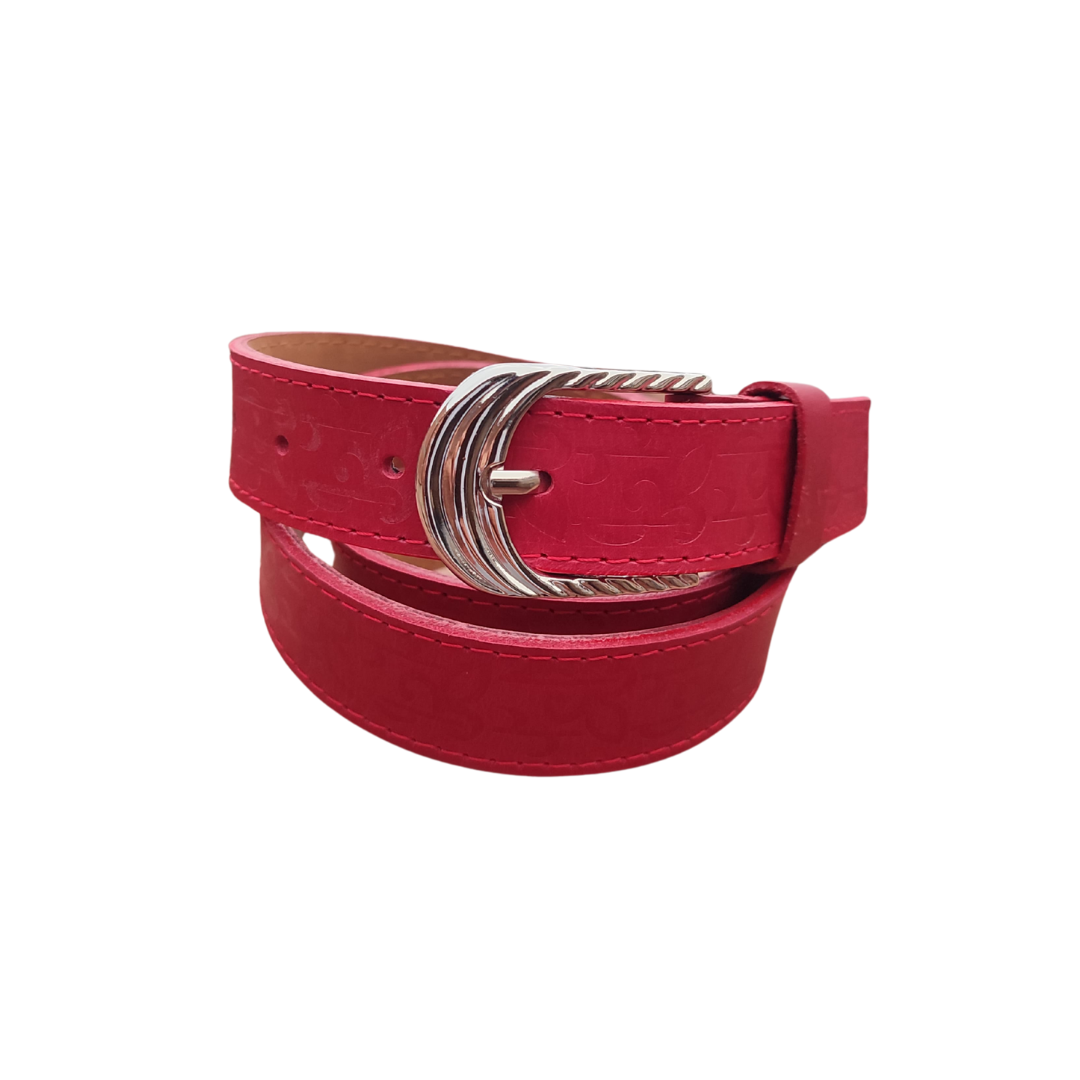 Cinturon para dama en cuero color rojo con diseño floral