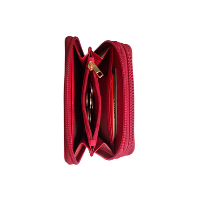 Billetera doble cierre mediana en cuero color rojo  con herrajes importados y servicios para tarjetas, monedas y billetes