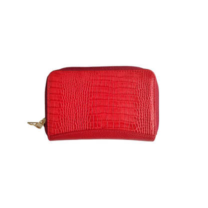 Billetera doble cierre mediana en cuero color rojo  con herrajes importados y servicios para tarjetas, monedas y billetes