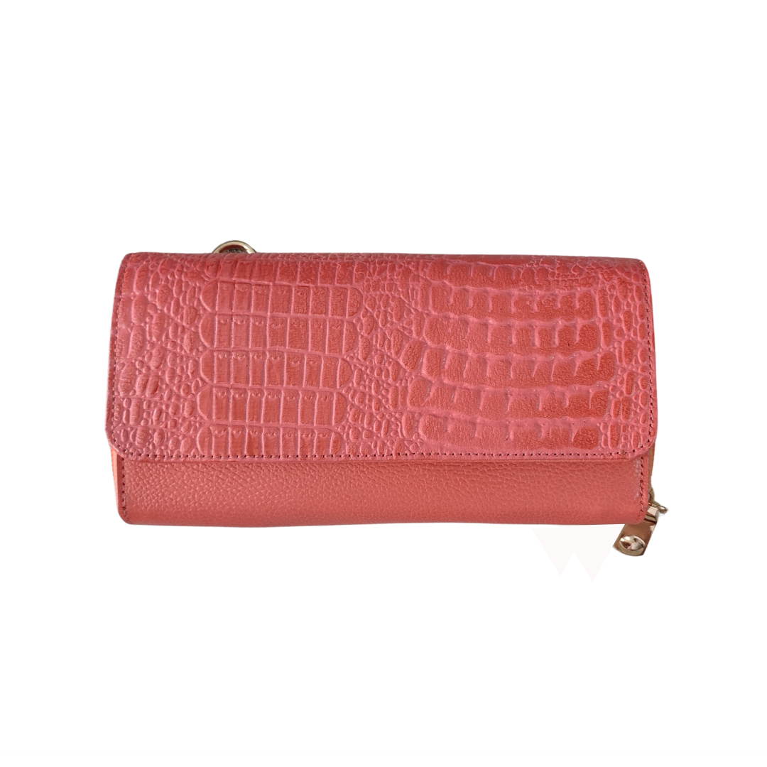 Billetera porta celular en cuero color Coral