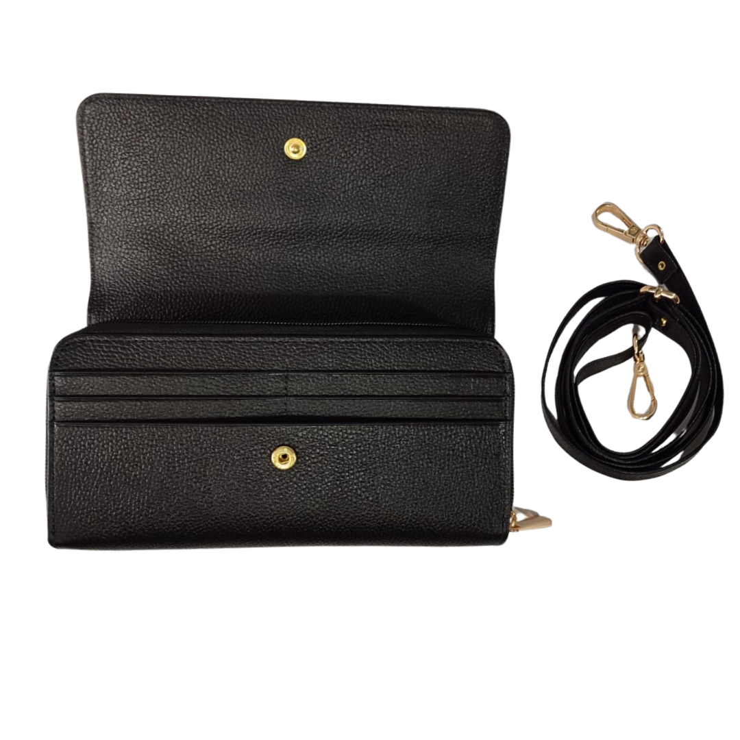 Billetera porta celular en cuero para mujer color negro