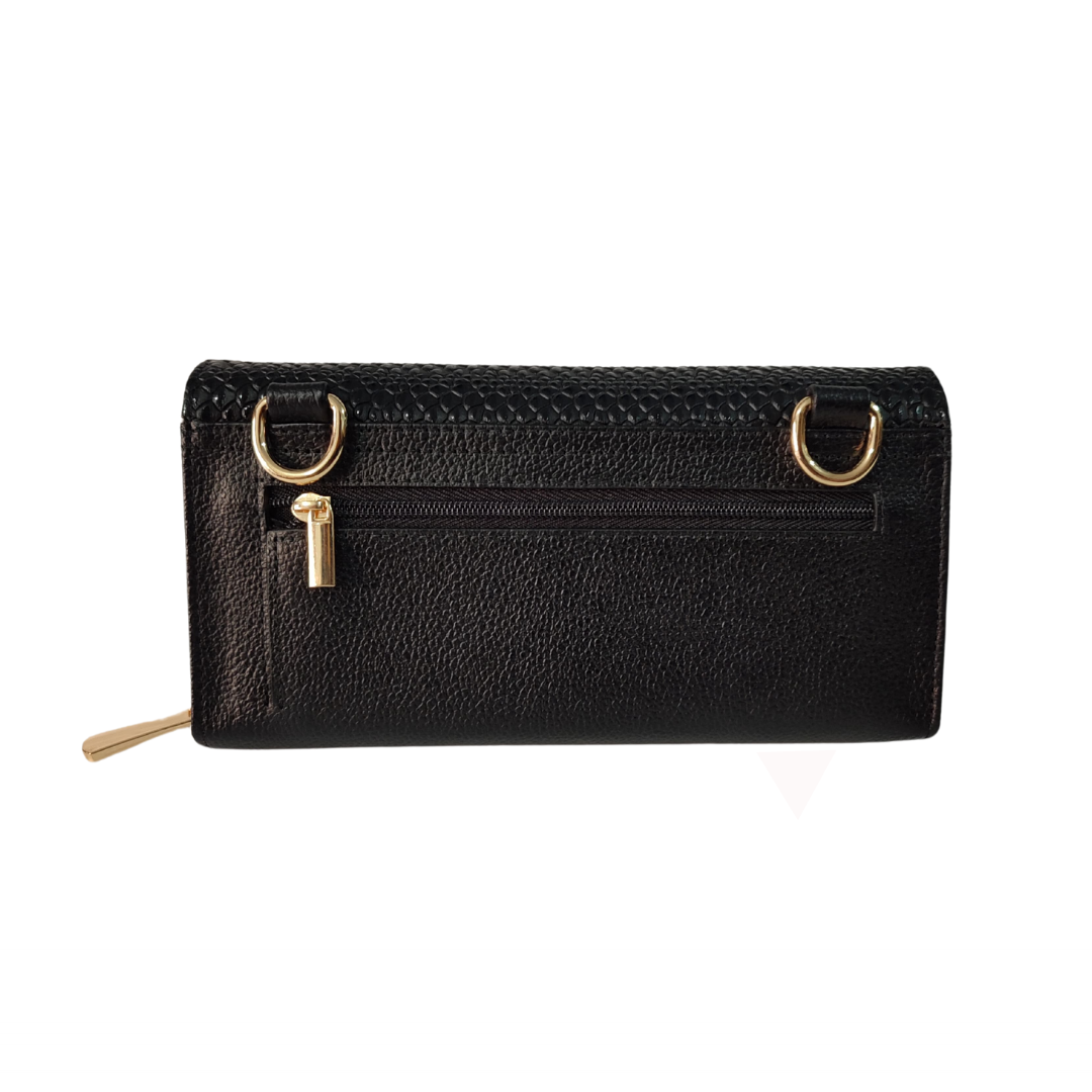 Billetera porta celular en cuero para mujer color negro
