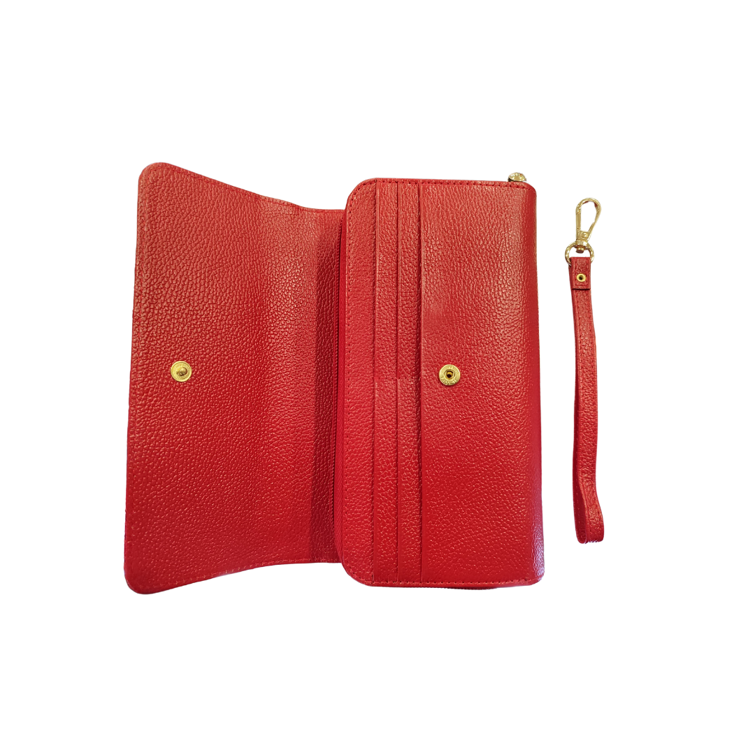 Billetera porta celular en cuero para mujer en color rojo 