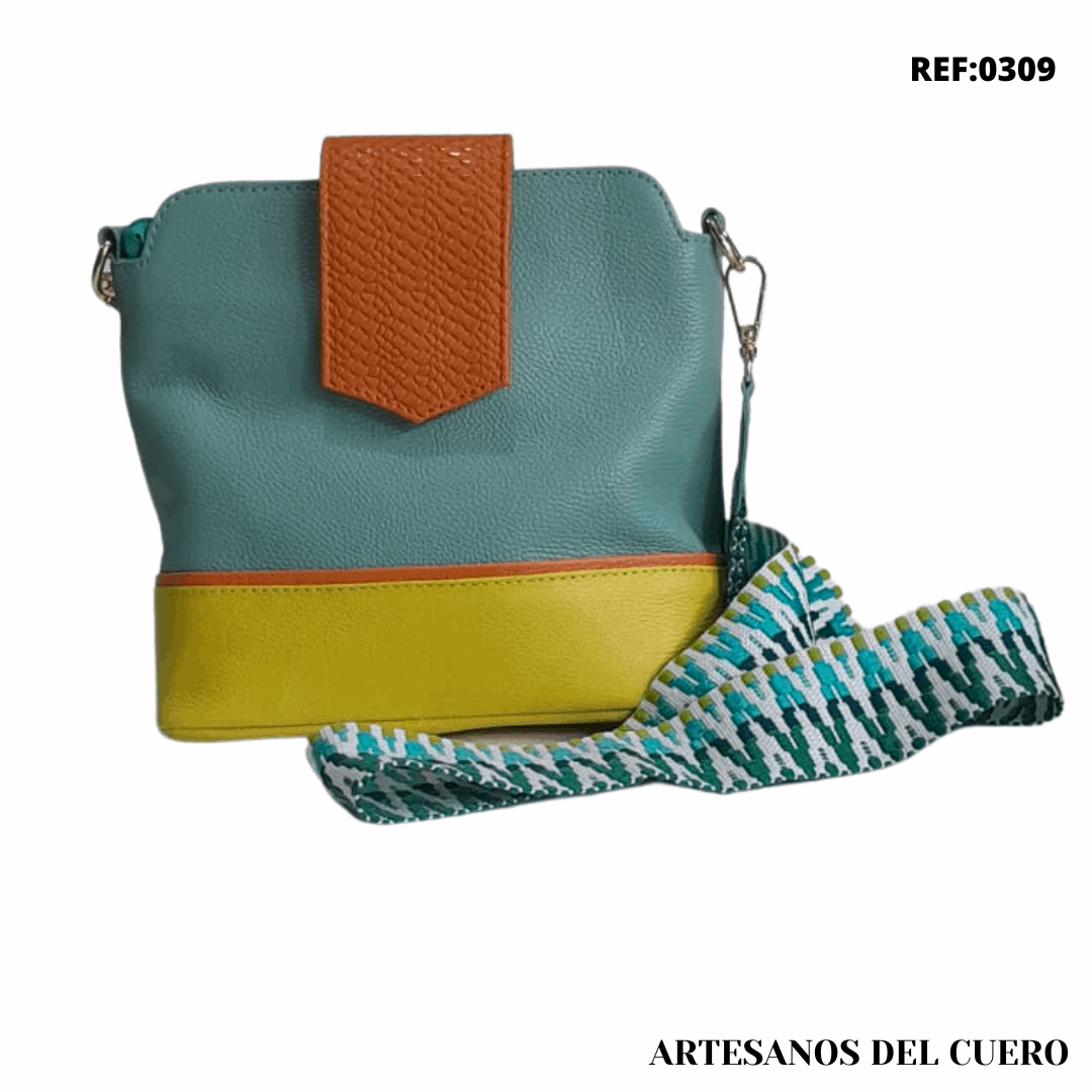 Manos libres mediano en cuero para mujer color azul x amarilloRef. 0309 - RagazzaBolsos