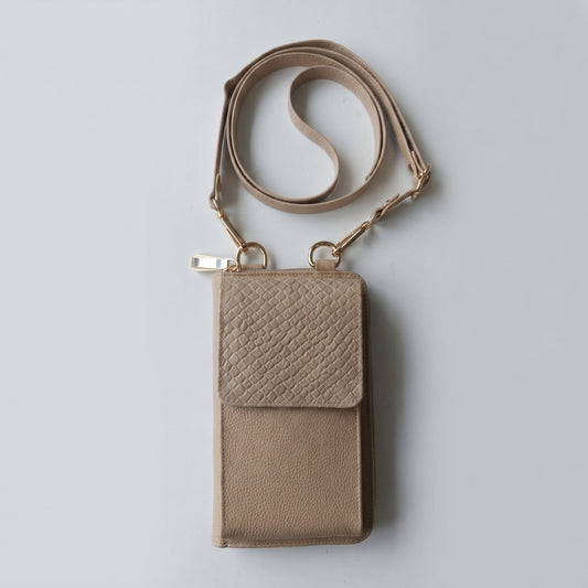 Porta celular Pandora en cuero taupe suave