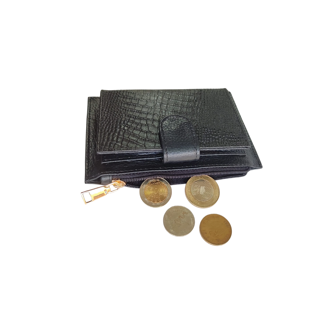 Tarjetero para mujer en cuero con espacio para monedas color negro