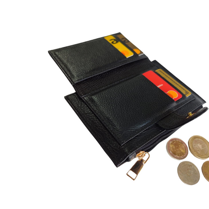 Tarjetero para mujer en cuero con espacio para monedas color negro